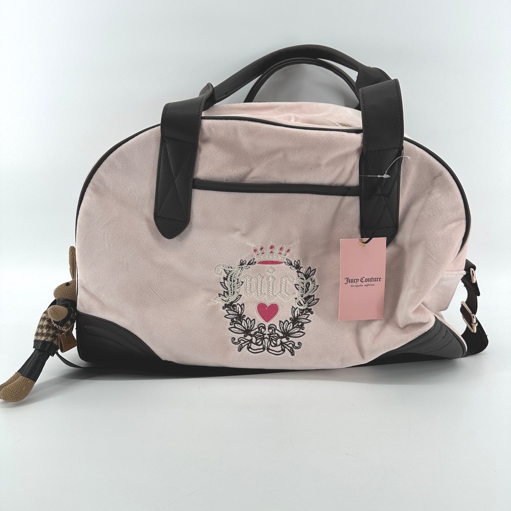 Juicy Couture Velour Duffle Bag Lavender Black Embroidered Crest Y2K Travel NWT